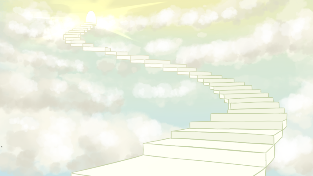 Background illustration of a stairway rising into the sky toward heaven; suitable for fantasy, spiritual, or storytelling-themed design content